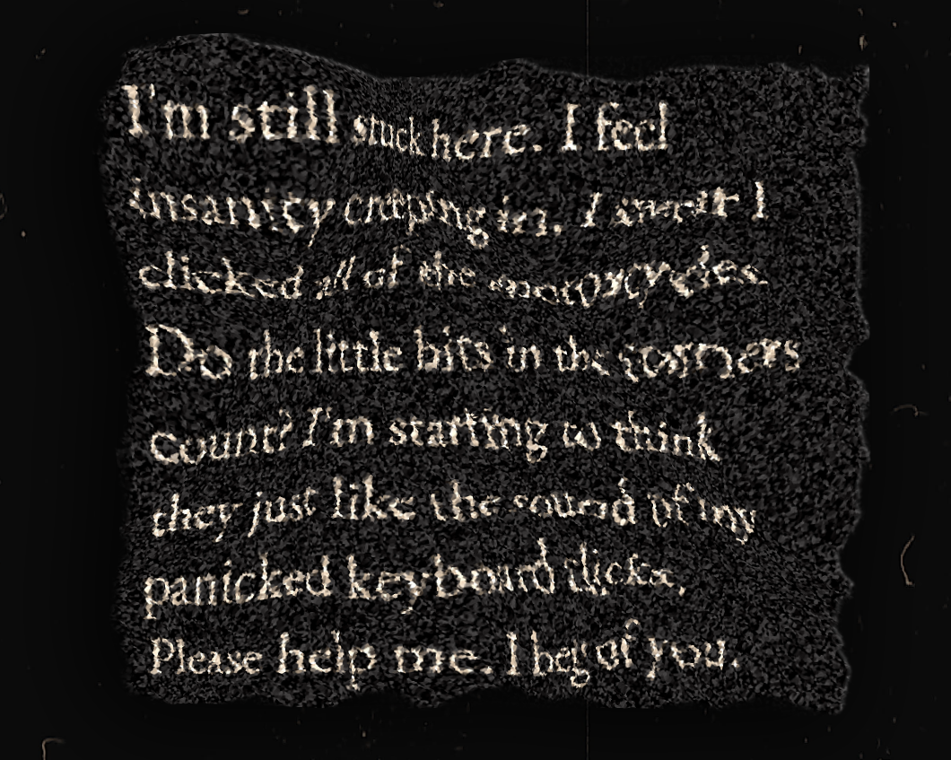 Note with text distorted like a CAPTCHA reading: 