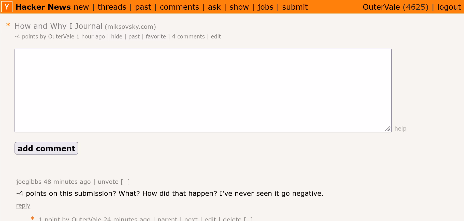 Hacker News interface with a post that has -4 points. One comment reads, '-4 points on this submission? What? How did that happen? I've never seen it go negative.'