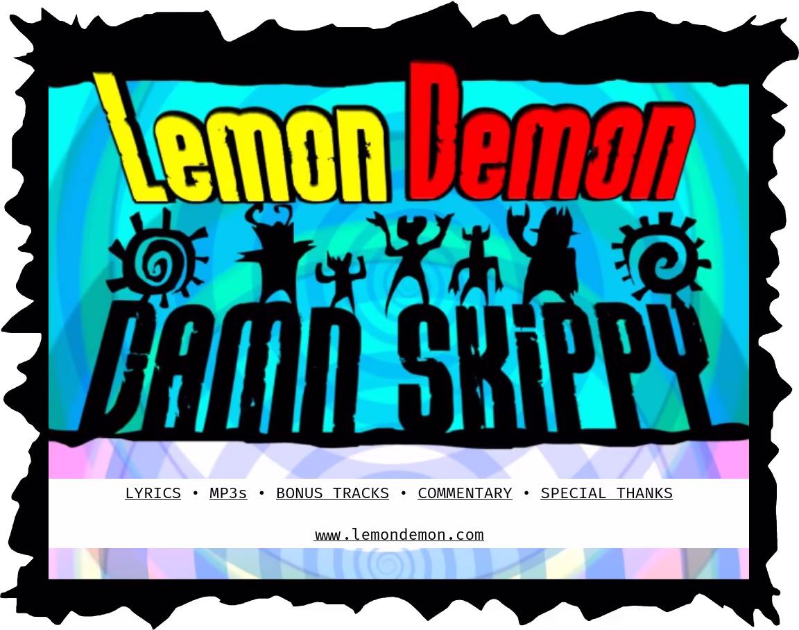 Landing of Damn Skippy extra content. It has a swirly background pattern with lots of creature's silhouettes. A list of navigation links is shown.