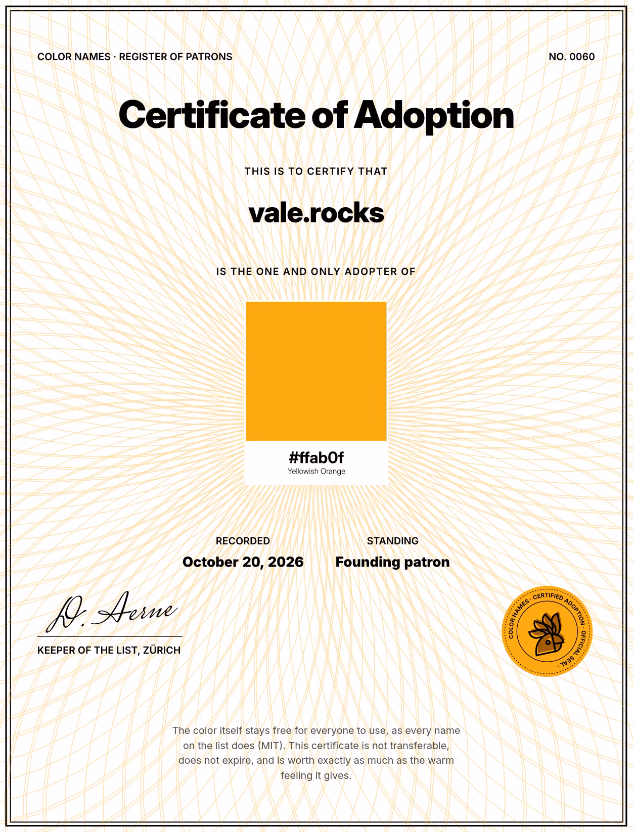 A 'Certificate of Adoption' specifying that I, Vale.Rocks, am 'the one and only adopter of #ffab0f. Yellowish Orange'.