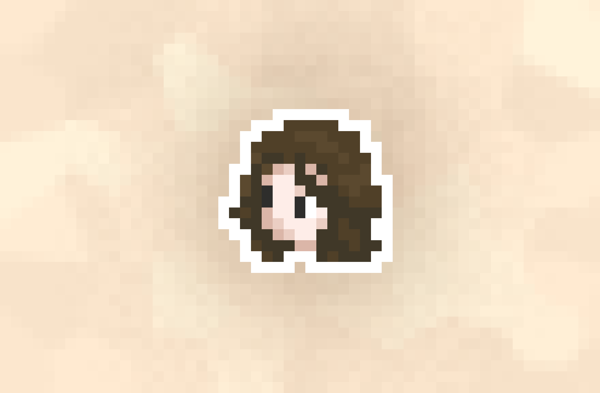 Pixel art of my head on a beige background. My hair is brown with a strand covering my pale face, upon which there are two eyes. I have no mouth.
