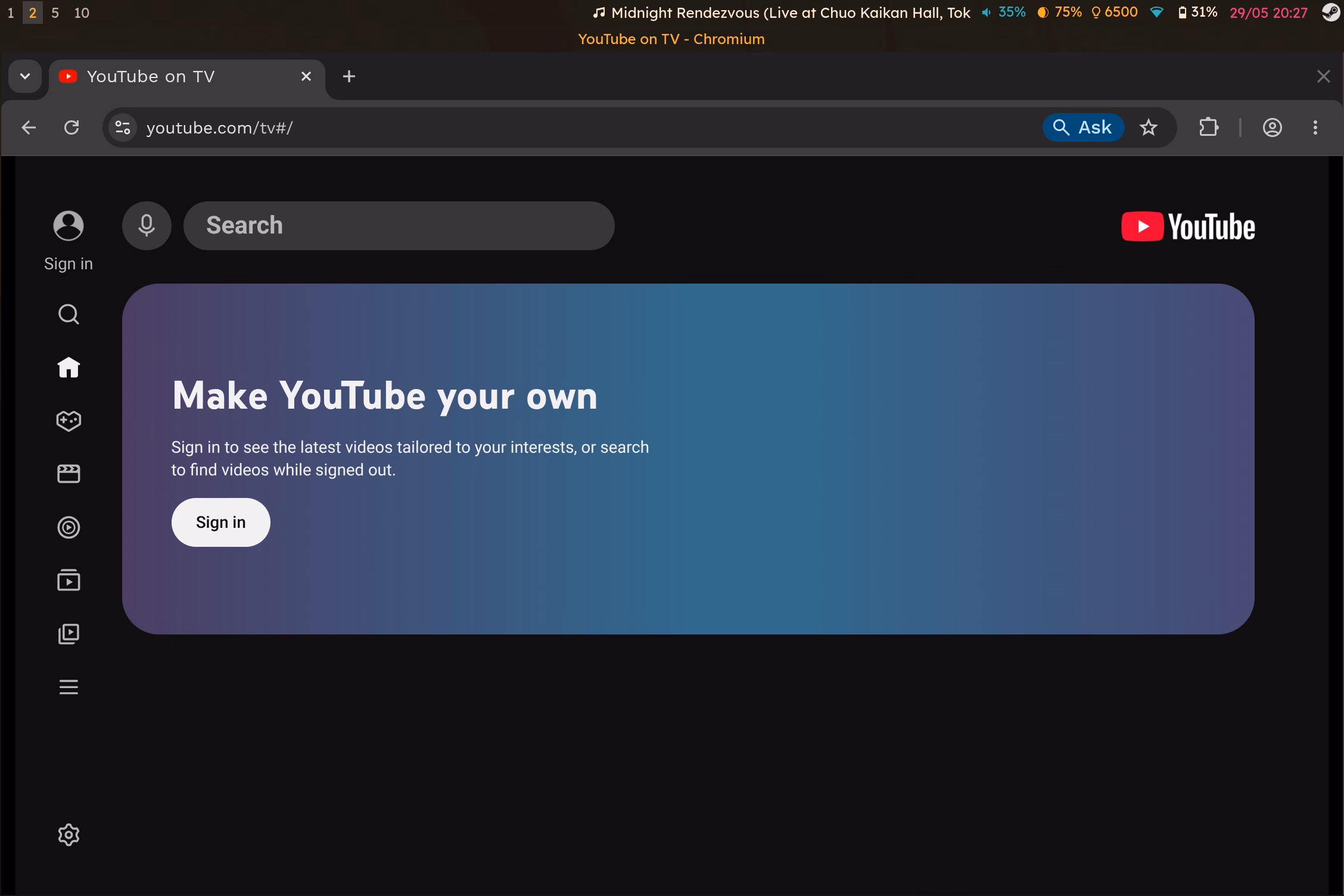 YouTube's TV interface displaying in Chromium on a Linux desktop.