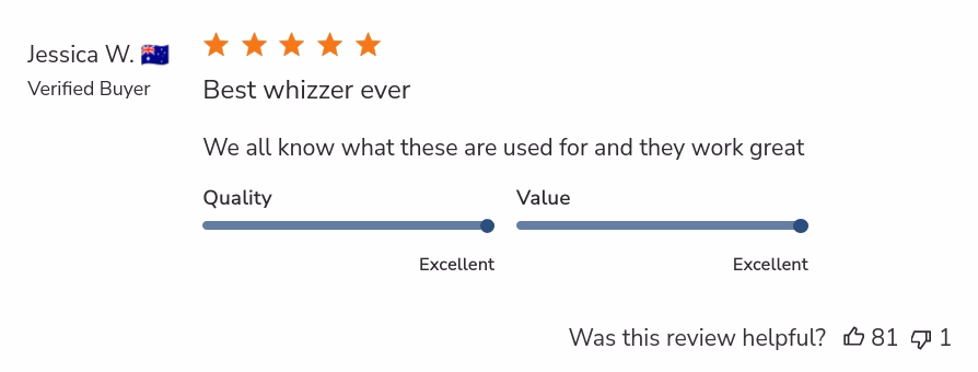 5-star review from Jessica W. 'Best whizzer ever. We all know what these are used for and they work great'. Quality excellent. Value excellent. 81 people find the review helpful.