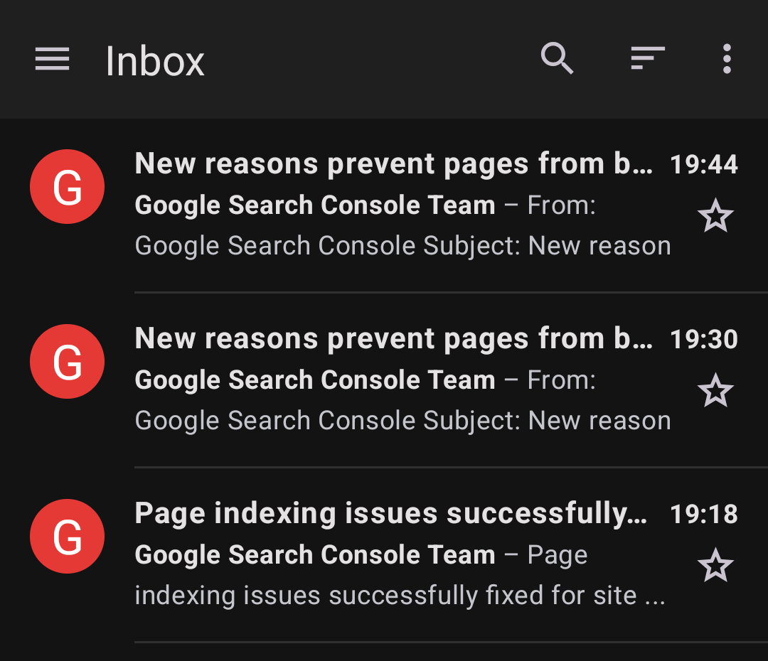 A series of three emails. The first received at 19:18 reads 