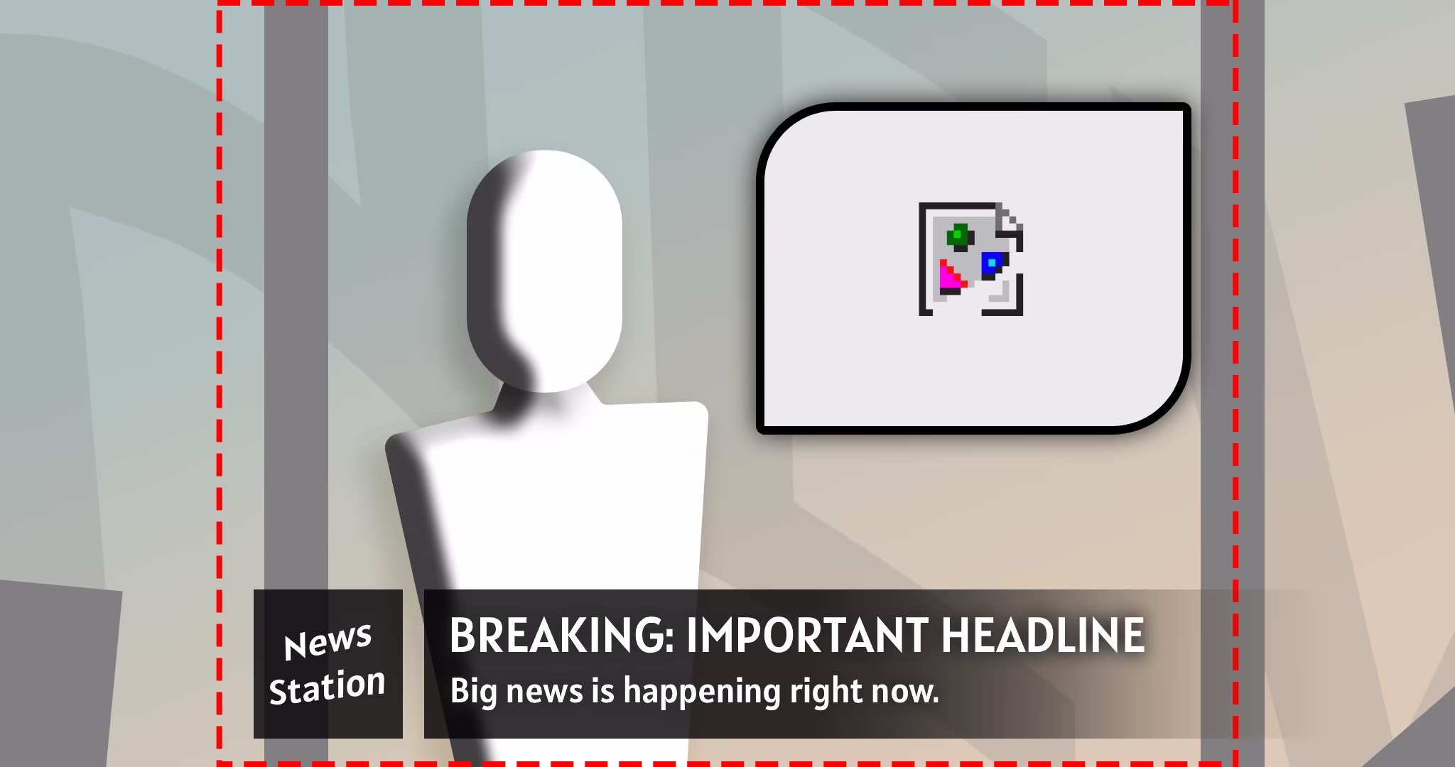 An illustration of a news broadcast, with all important content such as the newsreader, graphic, and headline falling within a central 4:3 area. The sides only visible in 16:9 have content but nothing of worth.