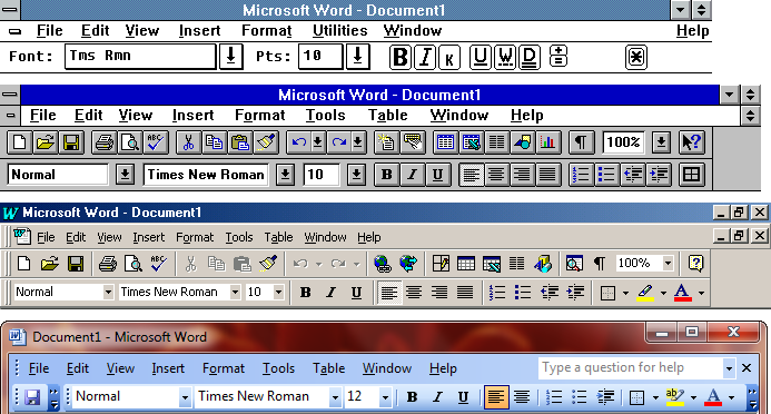 Four stacked screenshots showing the evolution of Word's toolbars. Each shows traditional drop-down menus and dense, uniform rows of small icons that are in some cases loosely grouped.