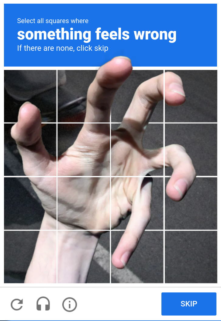 A hand reaching out through a Google reCAPTCHA interface towards the viewer. The top reads: 
